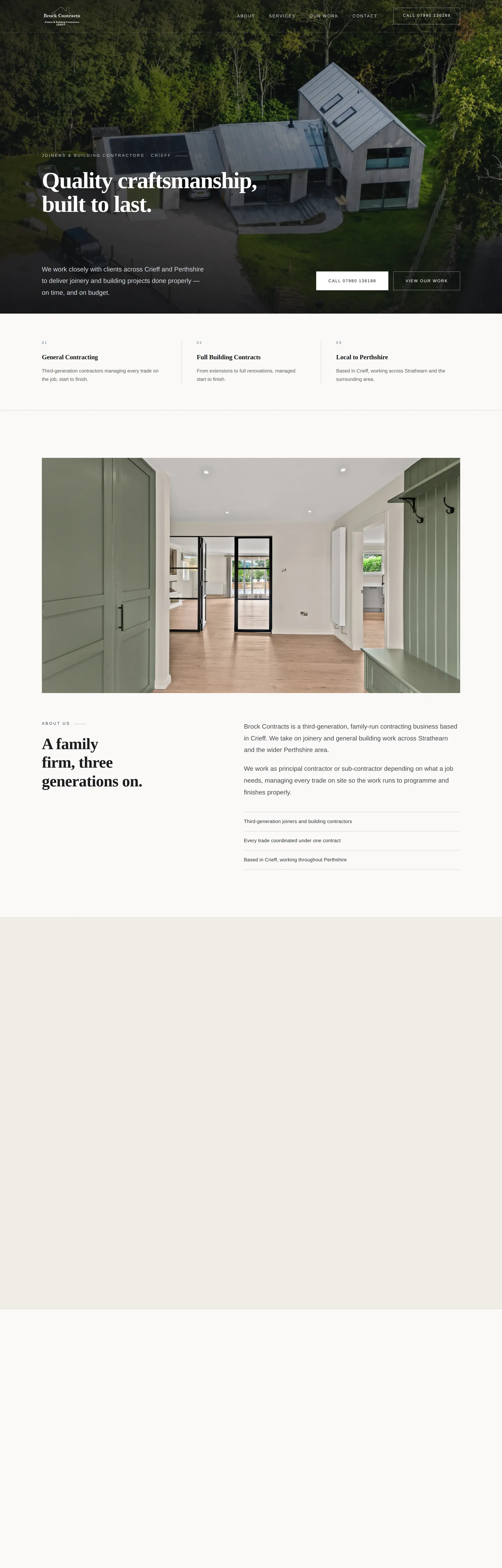The Brock Contracts homepage on desktop, with an aerial photograph of a completed new build behind the headline 'Quality craftsmanship, built to last'
