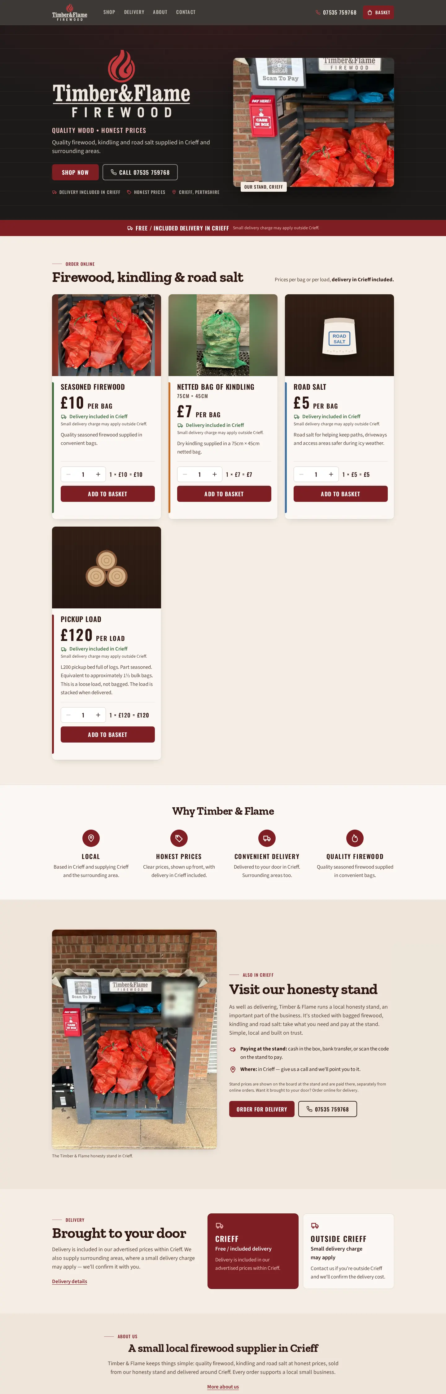 The Timber & Flame homepage on desktop, with the flame logo and a photograph of the honesty stand, then firewood, kindling and road salt priced per bag with add-to-basket controls
